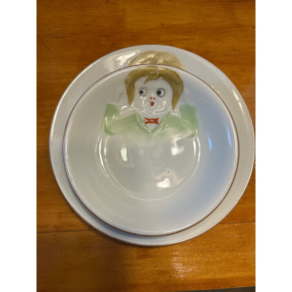 Nippon Hand Painted "Googly Eye" Porcelain Child Plate Bowl Set Embossed‎ Boy